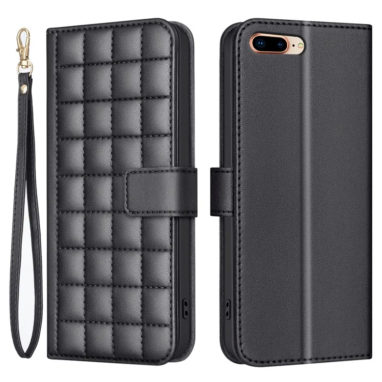 BINFEN COLOR for iPhone 16e Case Square Grid PU Leather Cover Stand Wallet - Black