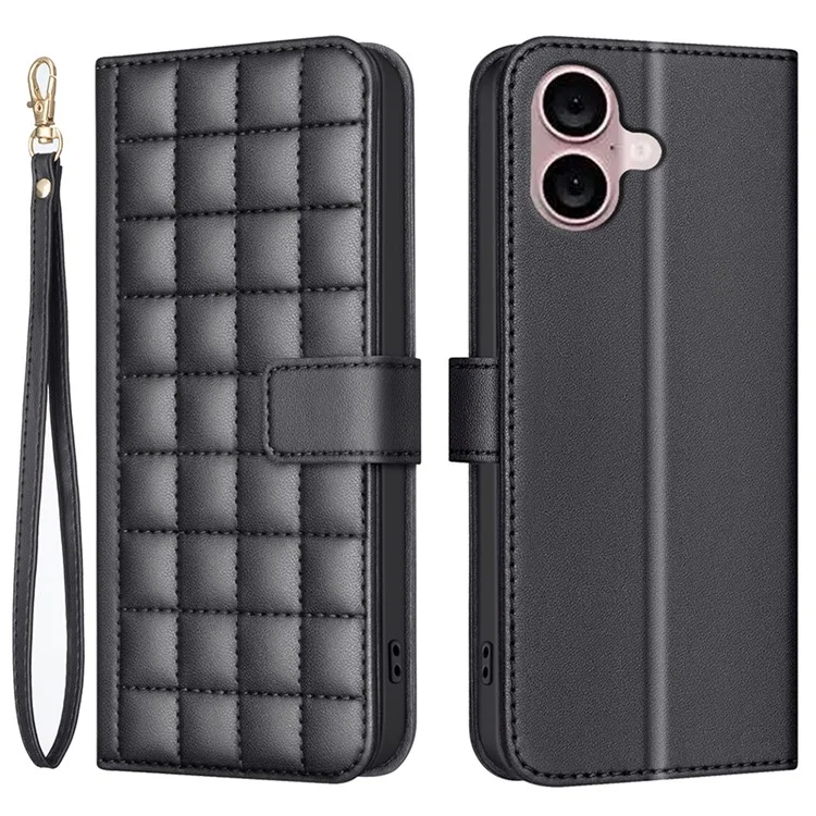 BINFEN COLOR BF34 для iPhone 16 Case Square Grid Pattern Leather Cover with Hand Strap - Черный