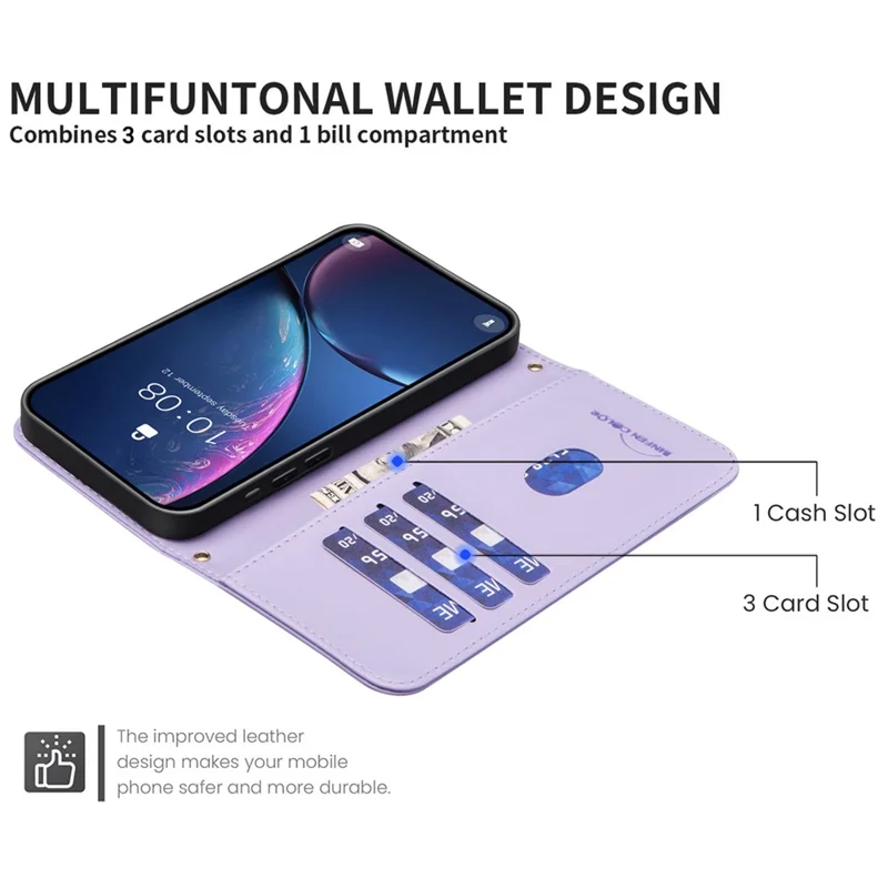 BINFEN COLOR BF34 لجهاز iPhone 16 غطاء بتصميم شبكة مربعة من الجلد مع حزام يد - بنفسجي فاتح