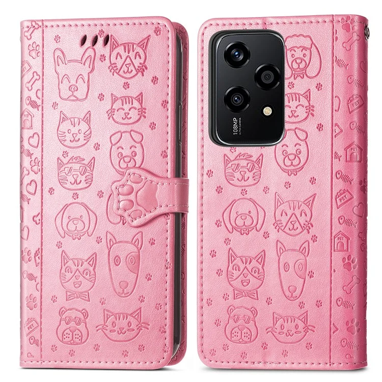 For Honor 200 Lite Case Cute Cat Dog Pattern PU Leather Phone Cover - Pink
