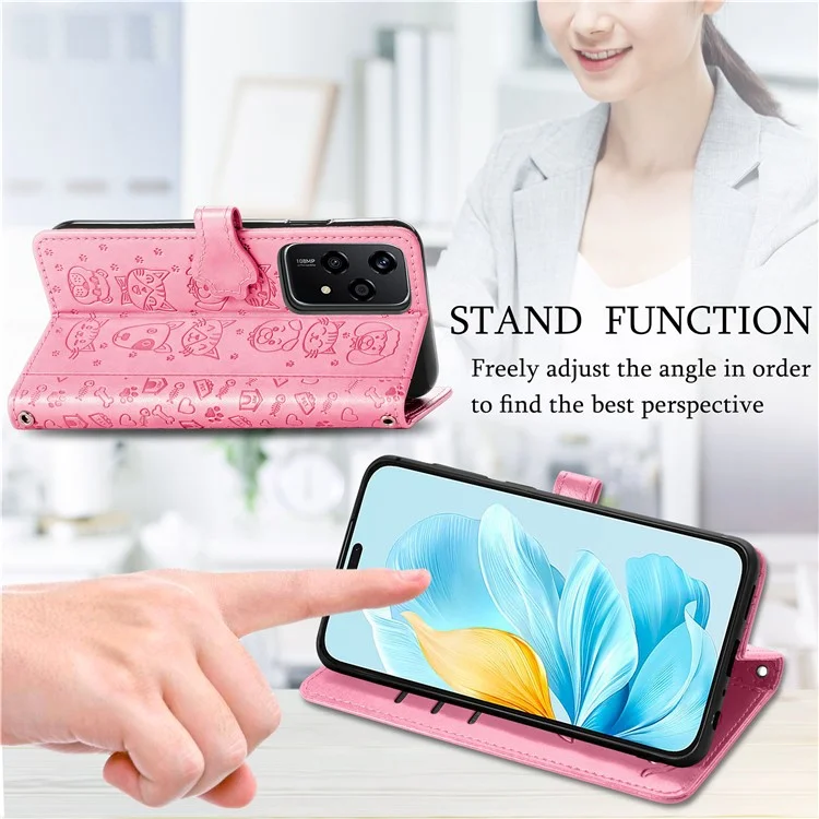 For Honor 200 Lite Case Cute Cat Dog Pattern PU Leather Phone Cover - Pink