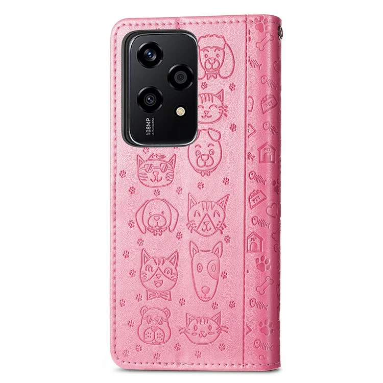 For Honor 200 Lite Case Cute Cat Dog Pattern PU Leather Phone Cover - Pink