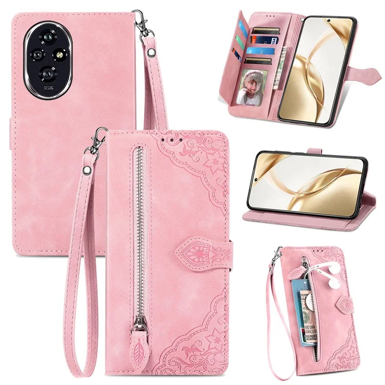 Capa 5G For Honor 200 com Bolso com Zíper, Floral, de Couro, com Alça de Mão - Rosa