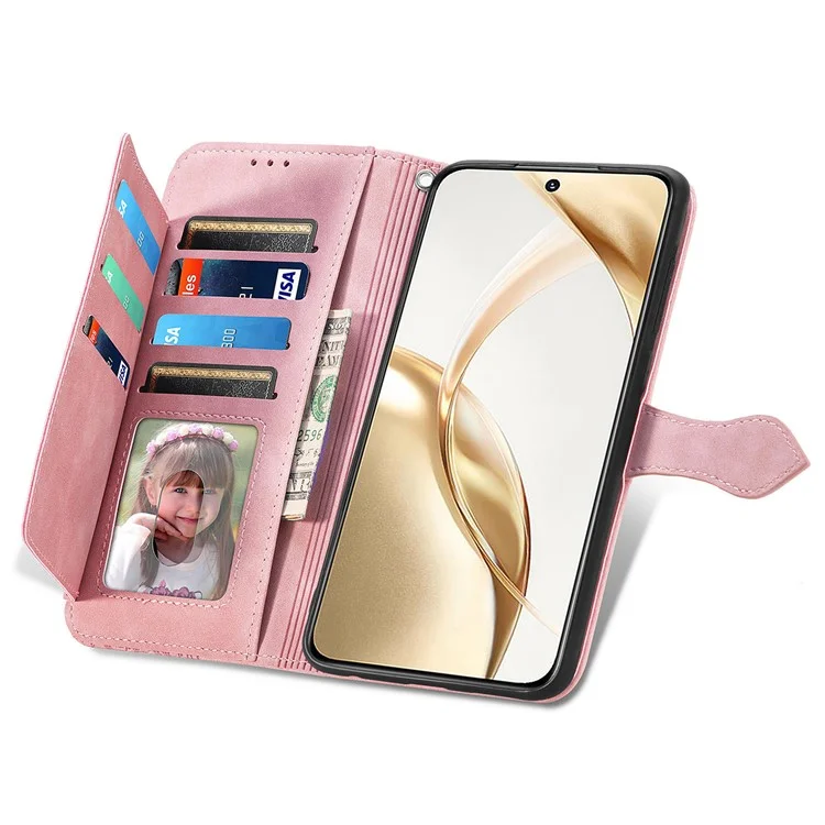 Capa 5G For Honor 200 com Bolso com Zíper, Floral, de Couro, com Alça de Mão - Rosa