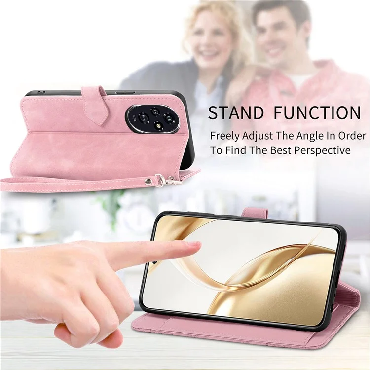Capa 5G For Honor 200 com Bolso com Zíper, Floral, de Couro, com Alça de Mão - Rosa