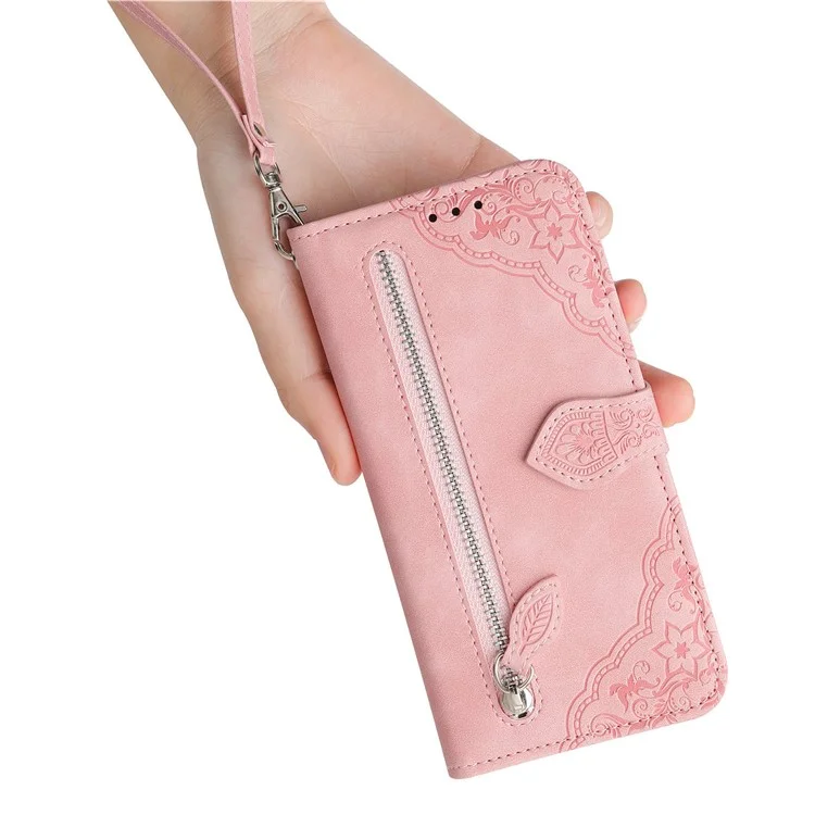 Capa 5G For Honor 200 com Bolso com Zíper, Floral, de Couro, com Alça de Mão - Rosa