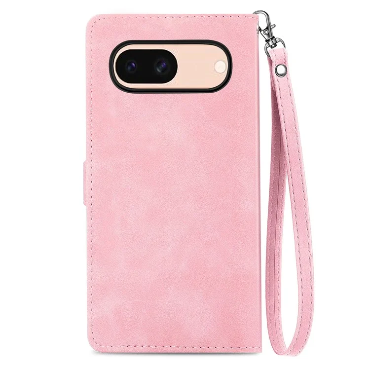 For Google Pixel 8a Zipper Wallet Case with Strap Flower Imprint PU Leather Phone Cover - Pink