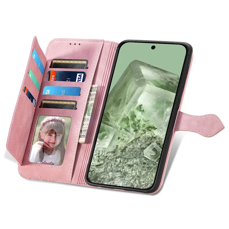 For Google Pixel 8a Zipper Wallet Case with Strap Flower Imprint PU Leather Phone Cover - Pink