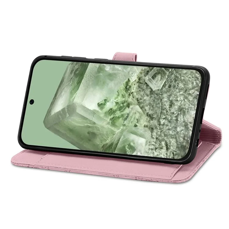For Google Pixel 8a Zipper Wallet Case with Strap Flower Imprint PU Leather Phone Cover - Pink