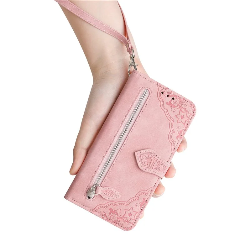 For Google Pixel 8a Zipper Wallet Case with Strap Flower Imprint PU Leather Phone Cover - Pink