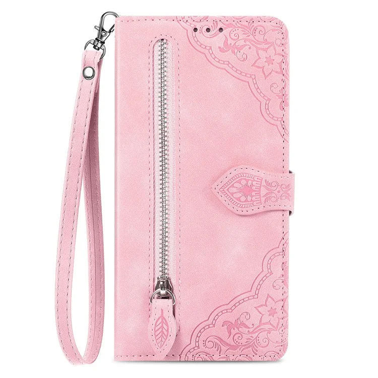 For Google Pixel 8a Zipper Wallet Case with Strap Flower Imprint PU Leather Phone Cover - Pink