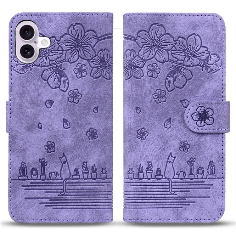 For iPhone 16 Plus Case Flower Cat Imprinted Leather Phone Cover with Card Holder Wallet - Purple