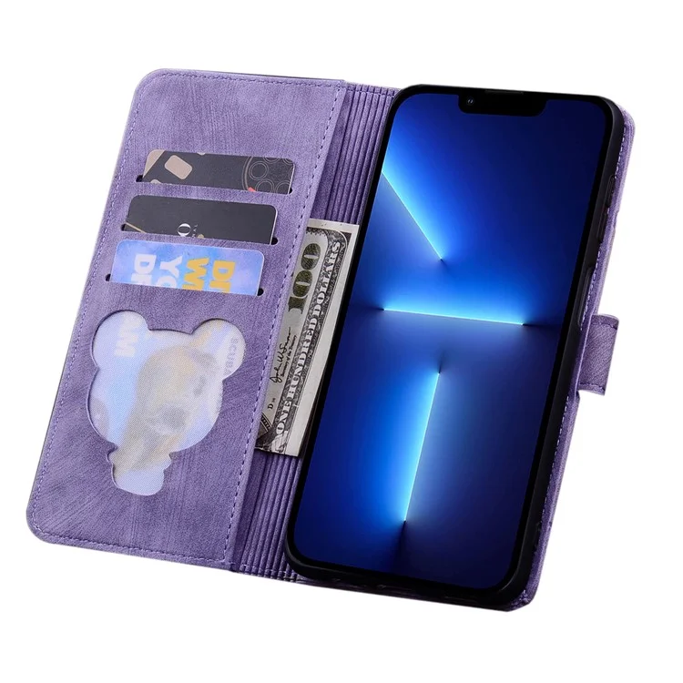 For iPhone 16 Plus Case Flower Cat Imprinted Leather Phone Cover with Card Holder Wallet - Purple