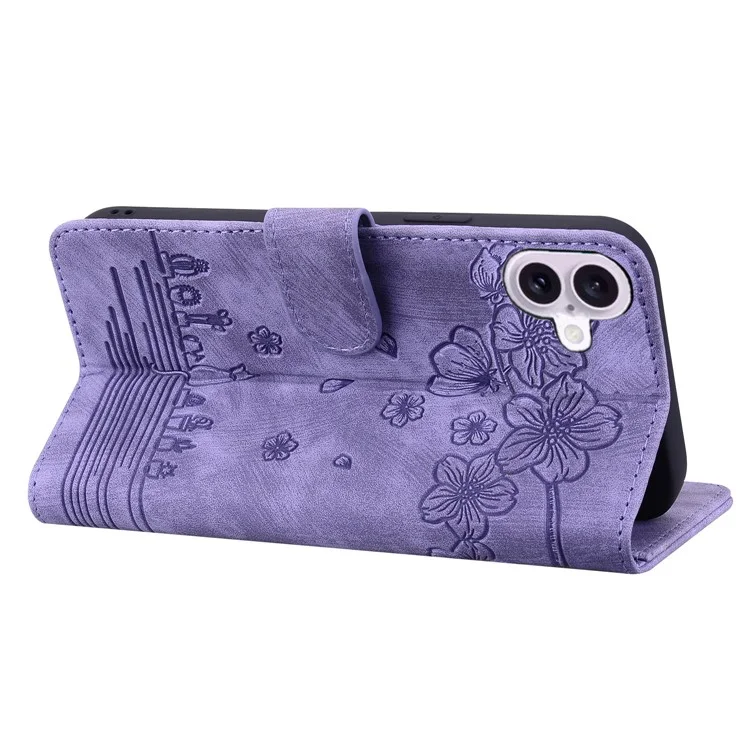 For iPhone 16 Plus Case Flower Cat Imprinted Leather Phone Cover with Card Holder Wallet - Purple