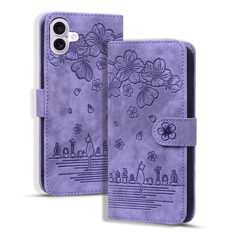 For iPhone 16 Plus Case Flower Cat Imprinted Leather Phone Cover with Card Holder Wallet - Purple