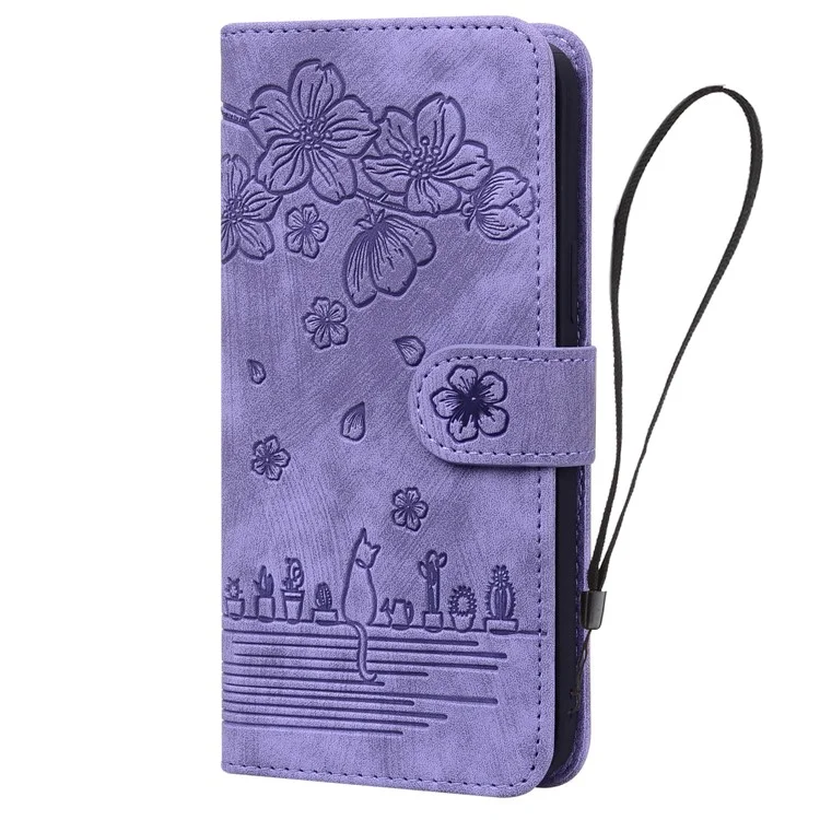 For iPhone 16 Plus Case Flower Cat Imprinted Leather Phone Cover with Card Holder Wallet - Purple