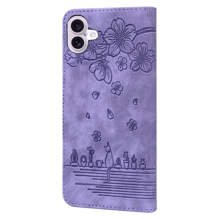 For iPhone 16 Plus Case Flower Cat Imprinted Leather Phone Cover with Card Holder Wallet - Purple