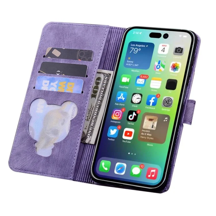 Für iPhone 16 Pro Max Case Flip Stand Leather Phone Cover Cherry Blossom Cat Imprinted - Lila
