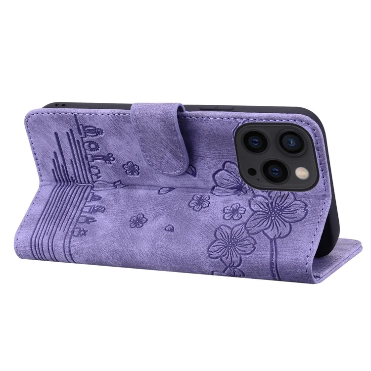 Für iPhone 16 Pro Max Case Flip Stand Leather Phone Cover Cherry Blossom Cat Imprinted - Lila