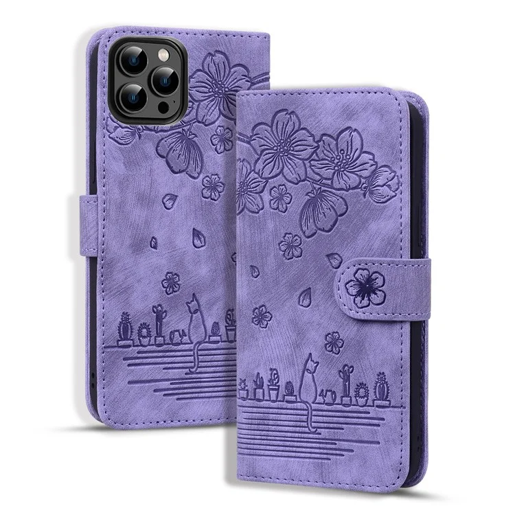 Für iPhone 16 Pro Max Case Flip Stand Leather Phone Cover Cherry Blossom Cat Imprinted - Lila