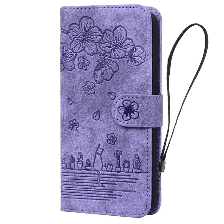 Für iPhone 16 Pro Max Case Flip Stand Leather Phone Cover Cherry Blossom Cat Imprinted - Lila
