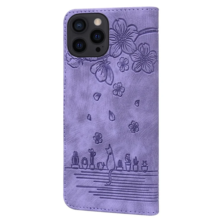 Für iPhone 16 Pro Max Case Flip Stand Leather Phone Cover Cherry Blossom Cat Imprinted - Lila
