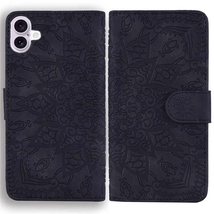 Чехол для iPhone 16 Flower Imprinted PU Leather Wallet Phone Cover - Black