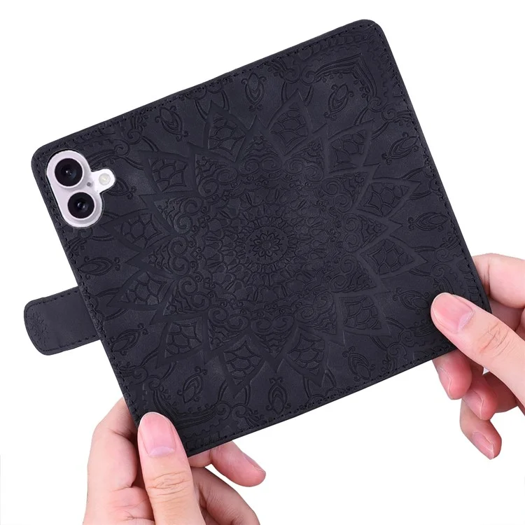 Чехол для iPhone 16 Flower Imprinted PU Leather Wallet Phone Cover - Black