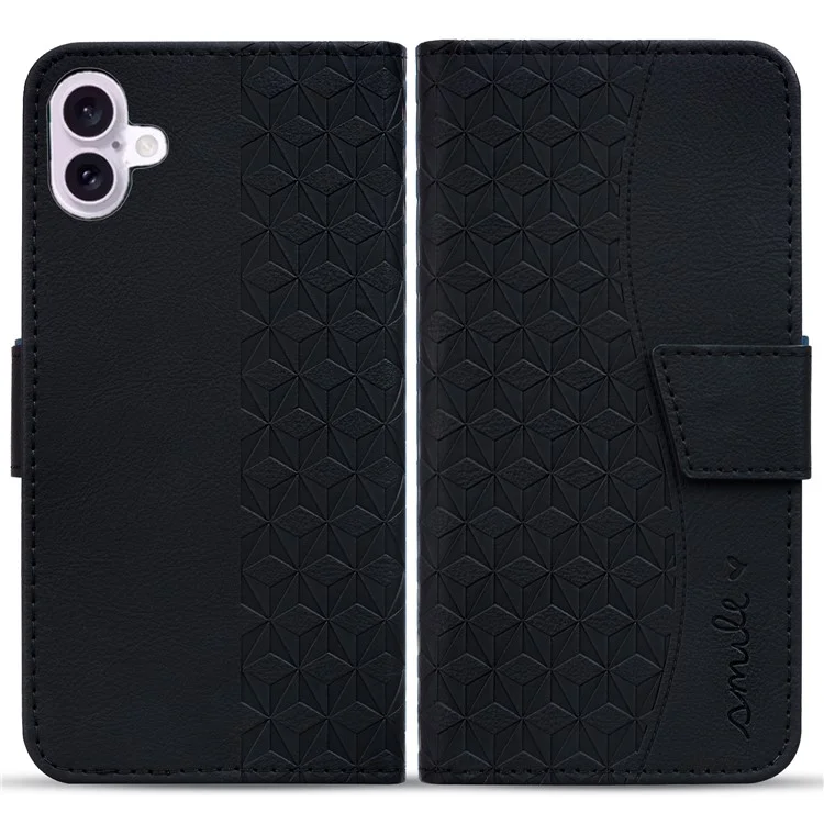 For iPhone 16 Case Rhombus Pattern Leather Phone Cover Wallet Stand Flip - Black