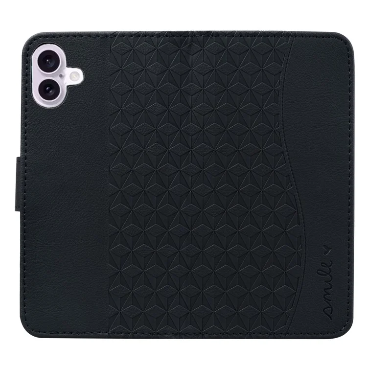 For iPhone 16 Case Rhombus Pattern Leather Phone Cover Wallet Stand Flip - Black