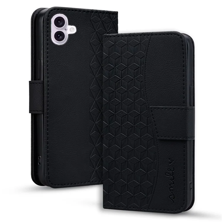 For iPhone 16 Case Rhombus Pattern Leather Phone Cover Wallet Stand Flip - Black