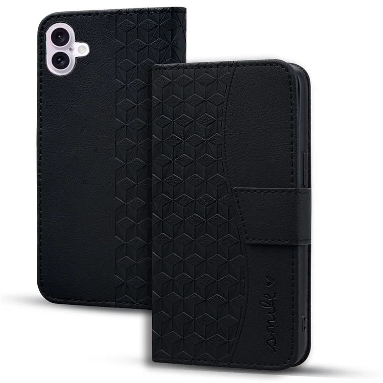 For iPhone 16 Case Rhombus Pattern Leather Phone Cover Wallet Stand Flip - Black