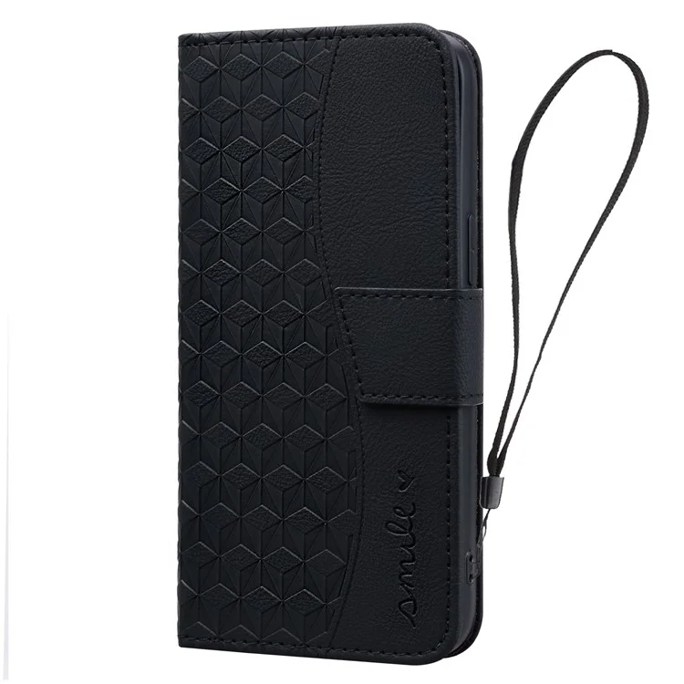 For iPhone 16 Case Rhombus Pattern Leather Phone Cover Wallet Stand Flip - Black