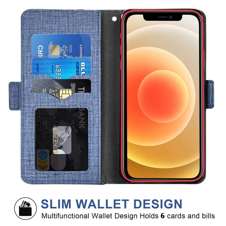 Flip Phone Cover für iPhone 12 / 12 Pro 6,1 Zoll, Jeans-Cloth-Textur PU-Leder Geldbörse Ständer Rotierende Kartensteckplätze Handyhülle - Blau