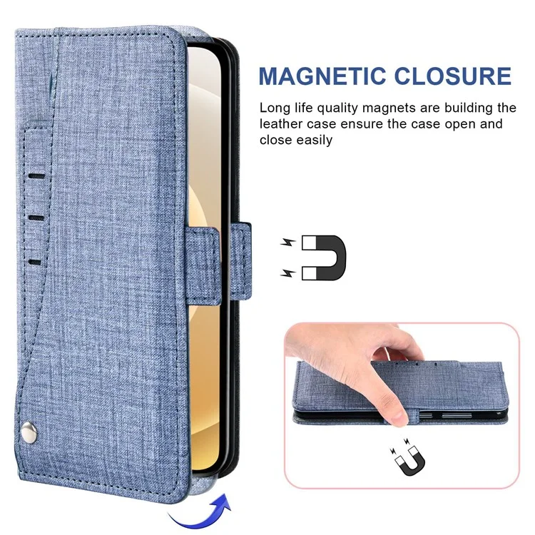 Flip Phone Cover für iPhone 12 / 12 Pro 6,1 Zoll, Jeans-Cloth-Textur PU-Leder Geldbörse Ständer Rotierende Kartensteckplätze Handyhülle - Blau