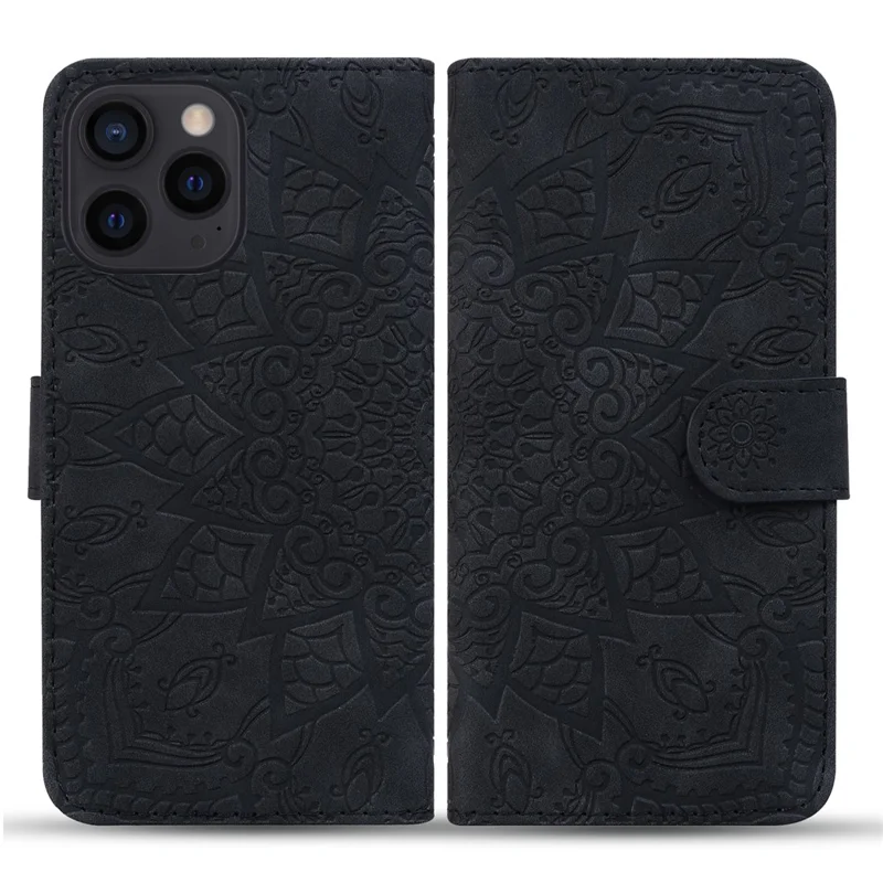 For iPhone 16 Pro Max Case PU Leather Wallet Flip Phone Cover Flower Imprinted - Black