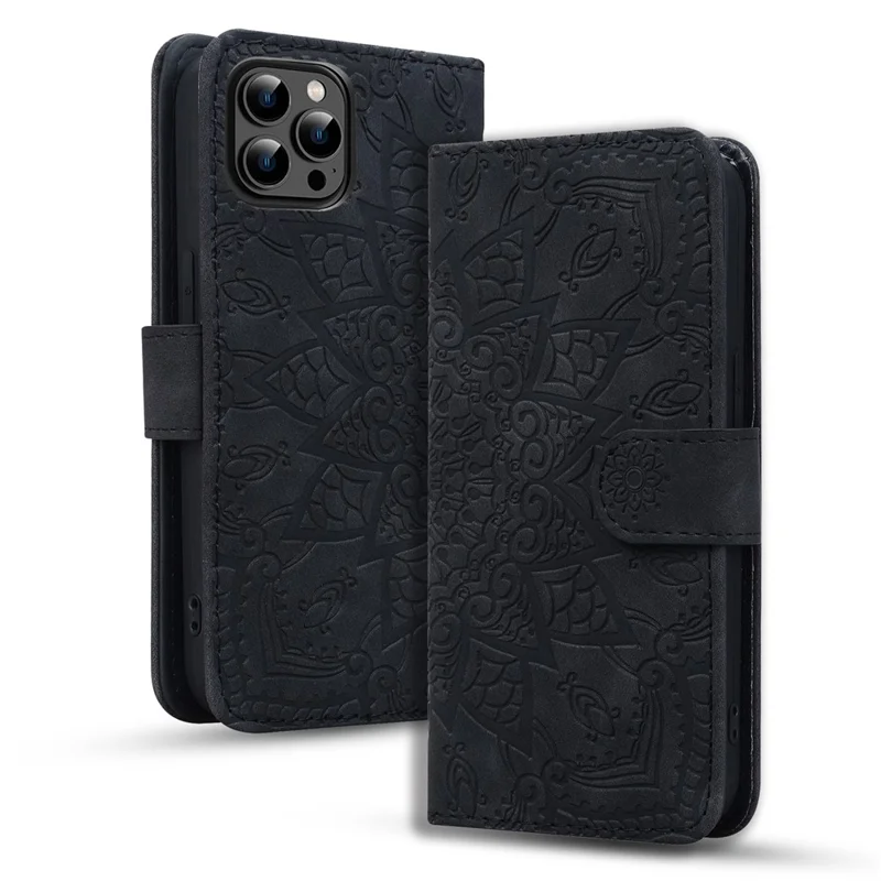 For iPhone 16 Pro Max Case PU Leather Wallet Flip Phone Cover Flower Imprinted - Black