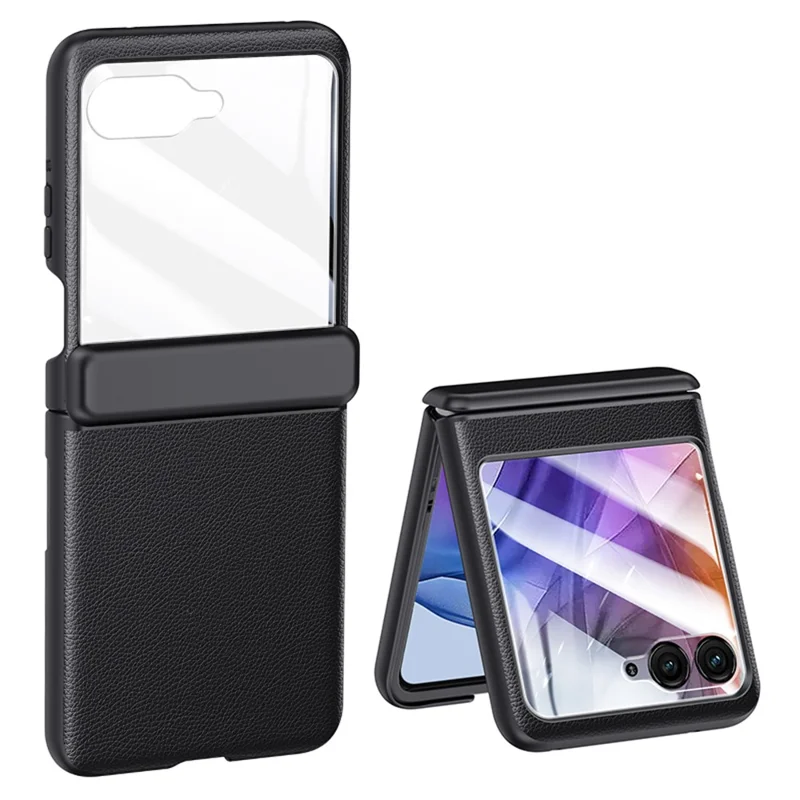 For Motorola Razr 50 5G Case Hinge Protection PU Leather+PC Phone Cover with Rear Small Screen Protector - Black