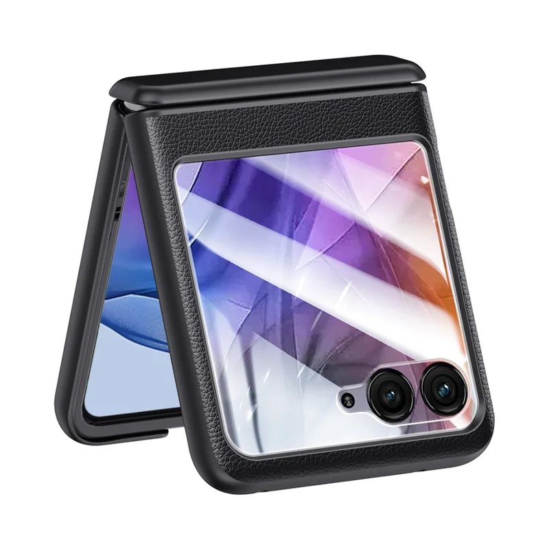 For Motorola Razr 50 5G Case Hinge Protection PU Leather+PC Phone Cover with Rear Small Screen Protector - Black