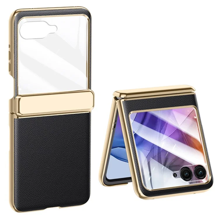 Per Motorola Razr 50 5G Custodia Electroplated PU Leather+PC Cover Telefono con Protezione Schermo Posteriore - Nero