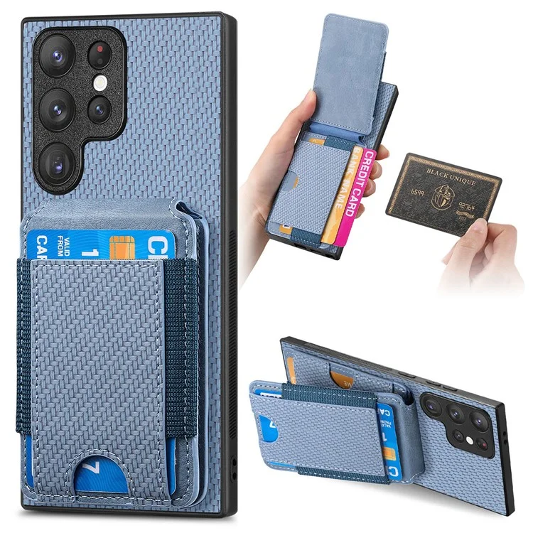 Étui pour Samsung Galaxy S22 Ultra 5G C1-12, support, porte-cartes, housse en cuir avec texture en fibre de carbone - Bleu