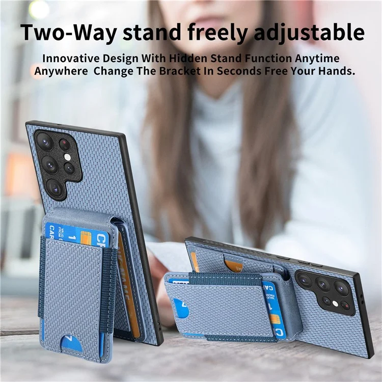 Étui pour Samsung Galaxy S22 Ultra 5G C1-12, support, porte-cartes, housse en cuir avec texture en fibre de carbone - Bleu