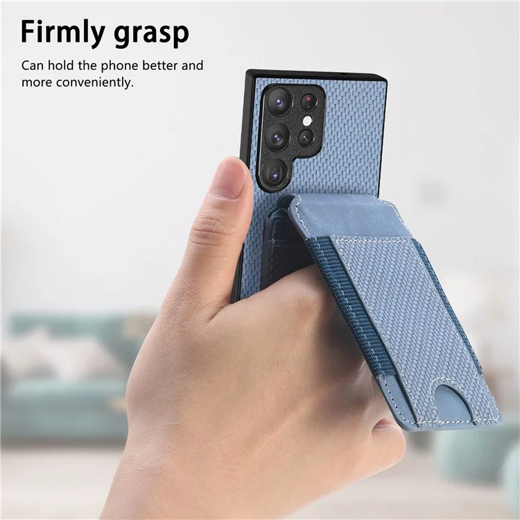 Étui pour Samsung Galaxy S22 Ultra 5G C1-12, support, porte-cartes, housse en cuir avec texture en fibre de carbone - Bleu