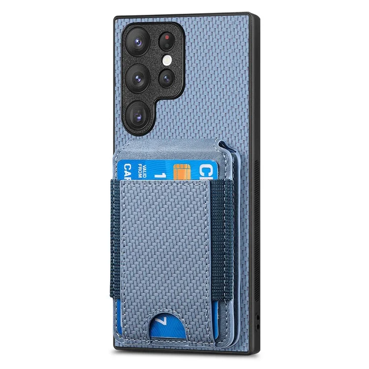 Étui pour Samsung Galaxy S22 Ultra 5G C1-12, support, porte-cartes, housse en cuir avec texture en fibre de carbone - Bleu