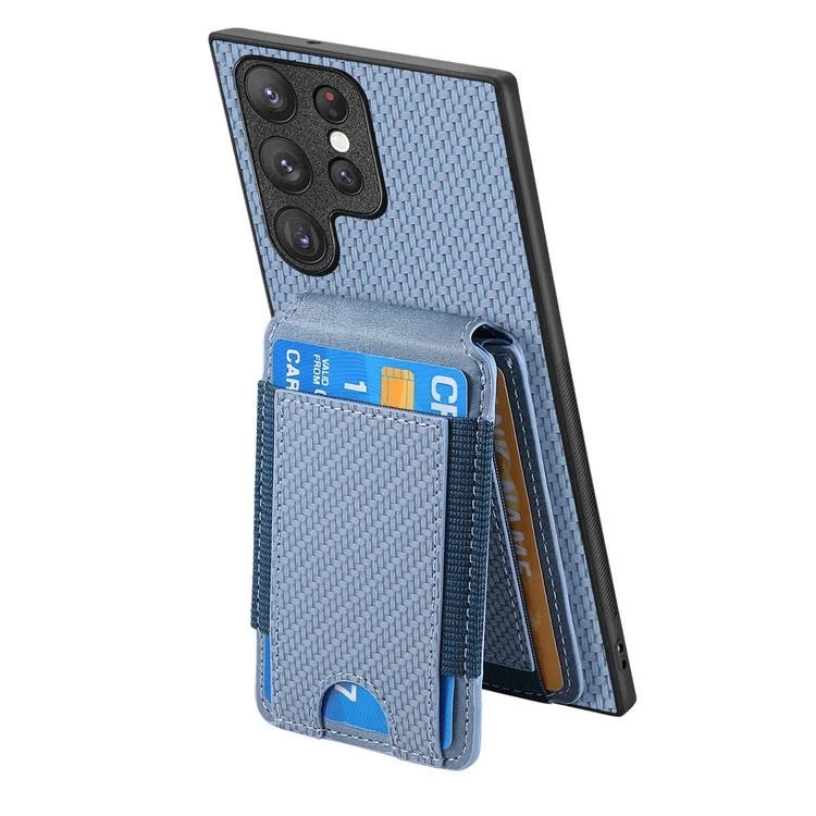 Étui pour Samsung Galaxy S22 Ultra 5G C1-12, support, porte-cartes, housse en cuir avec texture en fibre de carbone - Bleu