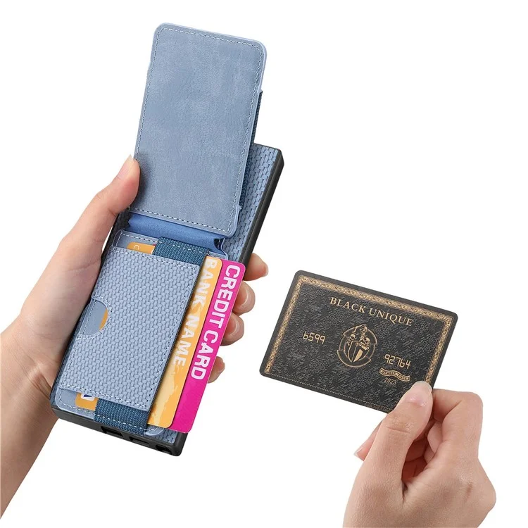 Étui pour Samsung Galaxy S22 Ultra 5G C1-12, support, porte-cartes, housse en cuir avec texture en fibre de carbone - Bleu