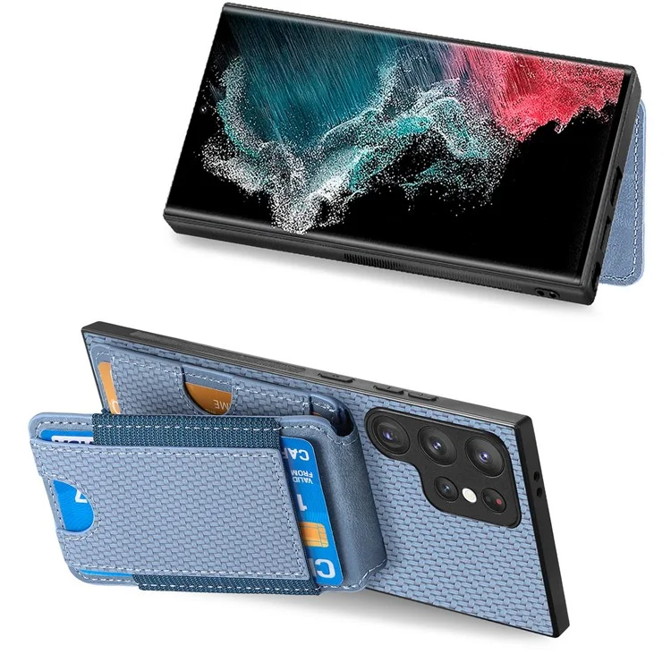 Étui pour Samsung Galaxy S22 Ultra 5G C1-12, support, porte-cartes, housse en cuir avec texture en fibre de carbone - Bleu