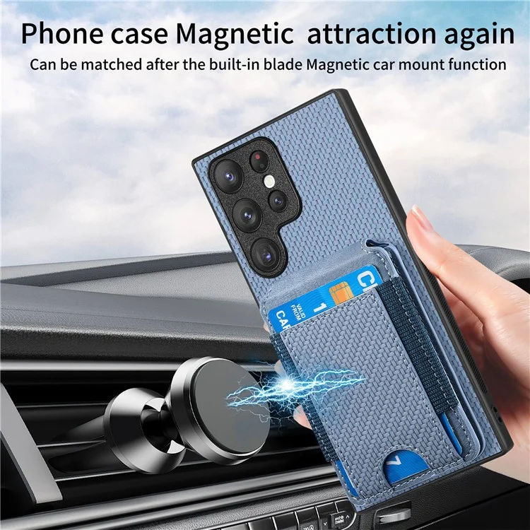 Étui pour Samsung Galaxy S22 Ultra 5G C1-12, support, porte-cartes, housse en cuir avec texture en fibre de carbone - Bleu