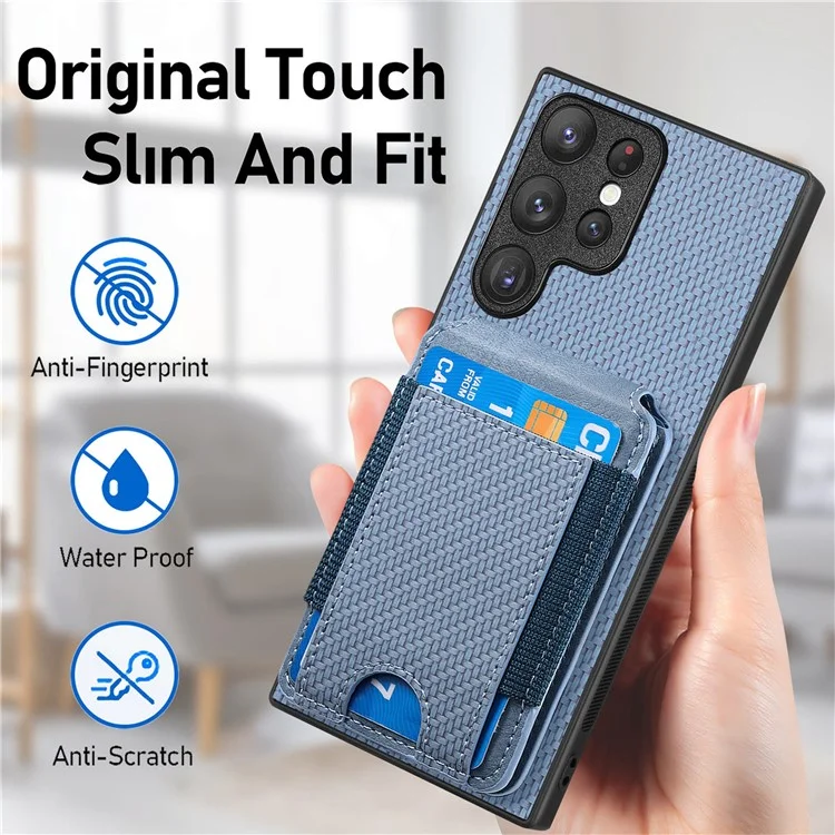 Étui pour Samsung Galaxy S22 Ultra 5G C1-12, support, porte-cartes, housse en cuir avec texture en fibre de carbone - Bleu