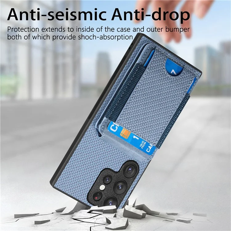 Étui pour Samsung Galaxy S22 Ultra 5G C1-12, support, porte-cartes, housse en cuir avec texture en fibre de carbone - Bleu
